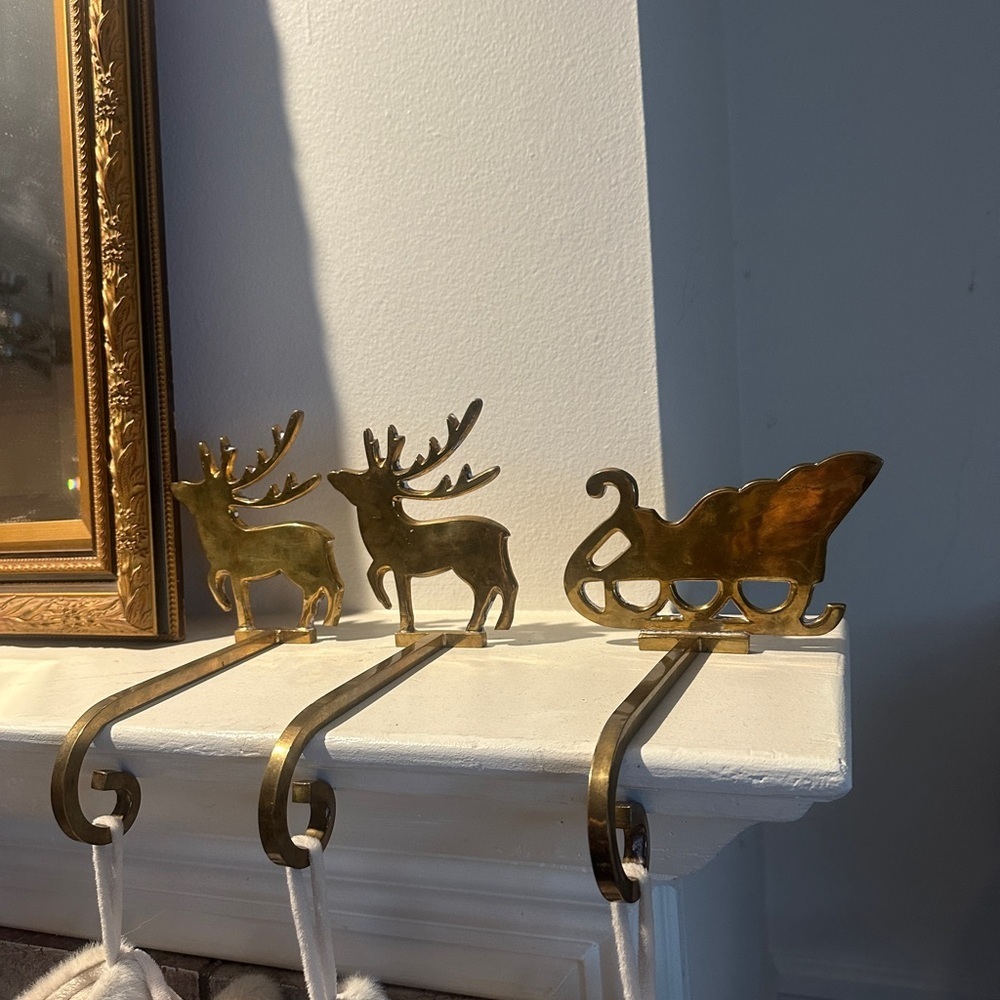 Vintage Brass Gold Reindeer and Sleigh Stocking Hangers for Christmas - Picture 2 of 12